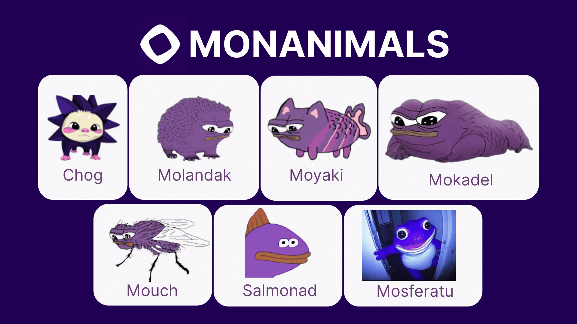 The seven canonical Monanimals: Chog, Molandak, Moyaki, Mokadel, Mouch, Salmonad, Mosferatu